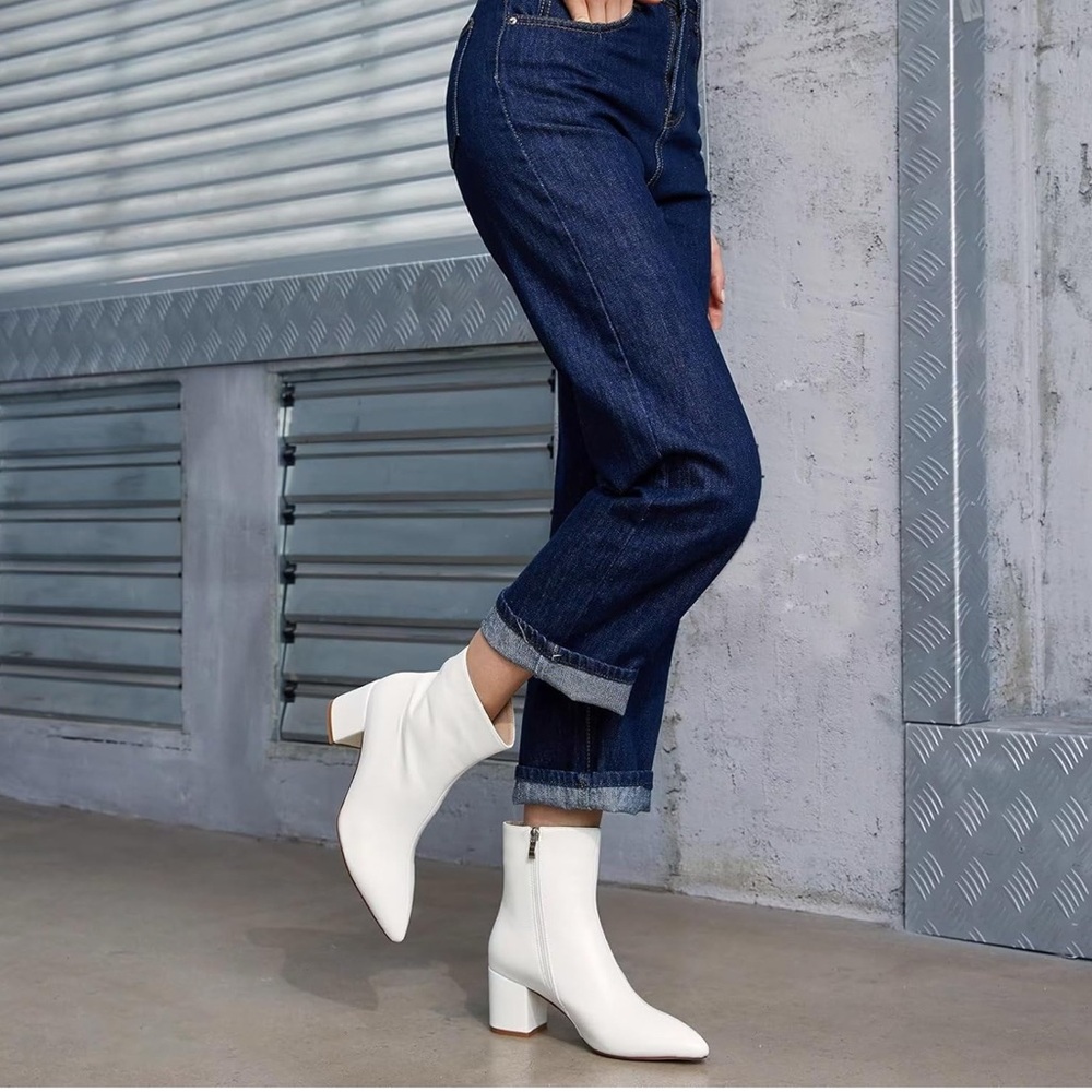 WETKISS Chic White Ankle Booties with Pointed Toe and Block Heel